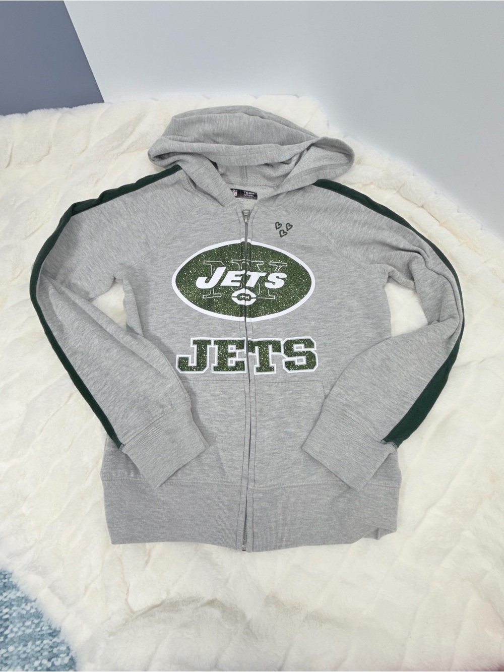 NFL girls 8/10- Gray Zip-Up Hoodie with Green Glitter Jets Logos green hearts